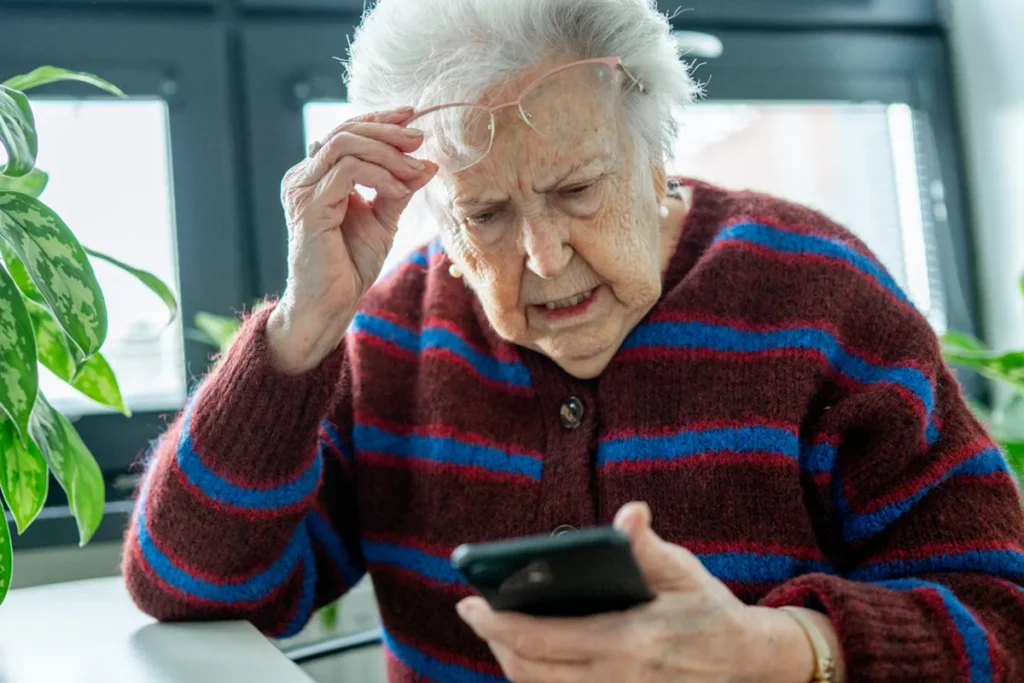 Elderly woman raising glasses so she can look at her cellphone.